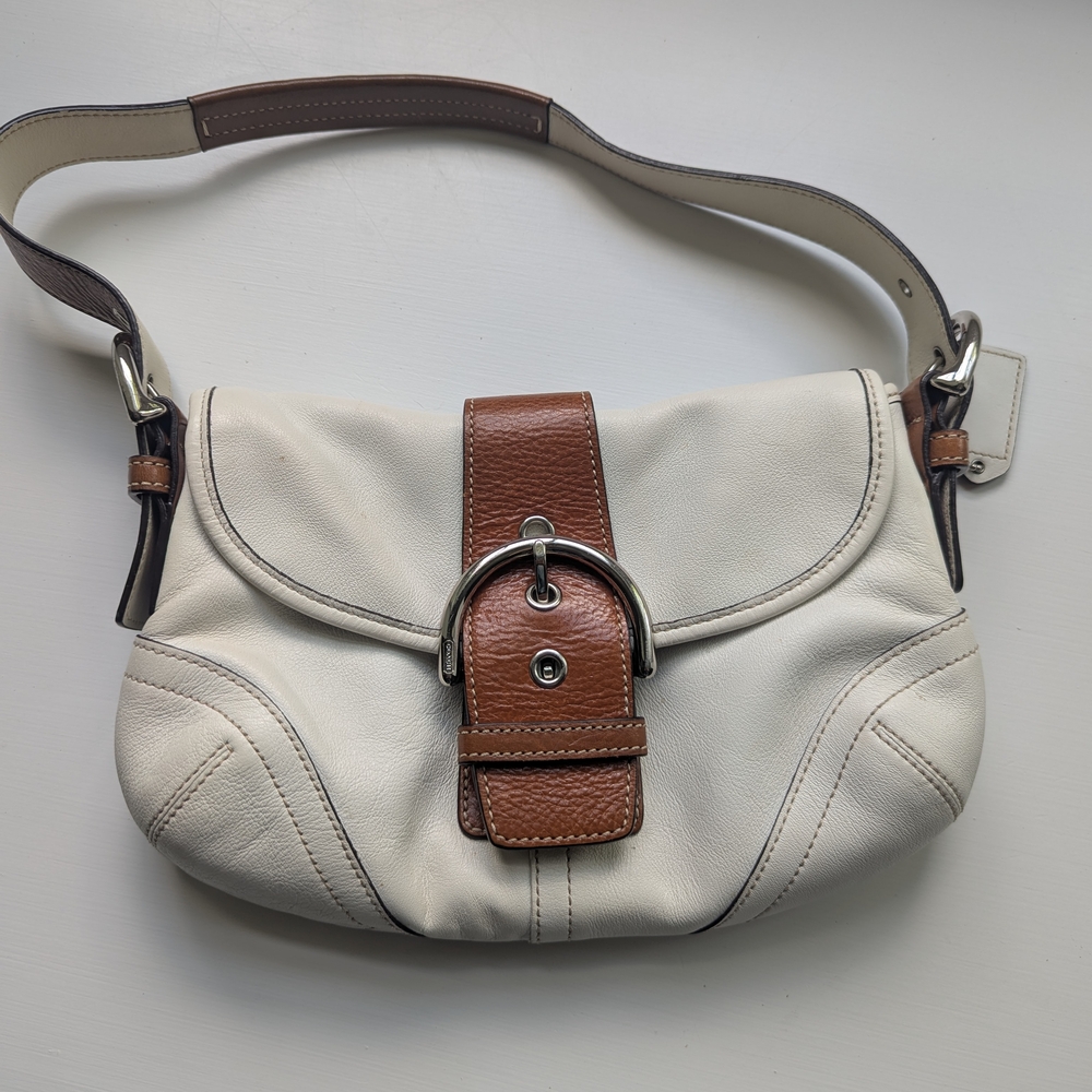 Coach White and Brown Crescent Shoulder Bag